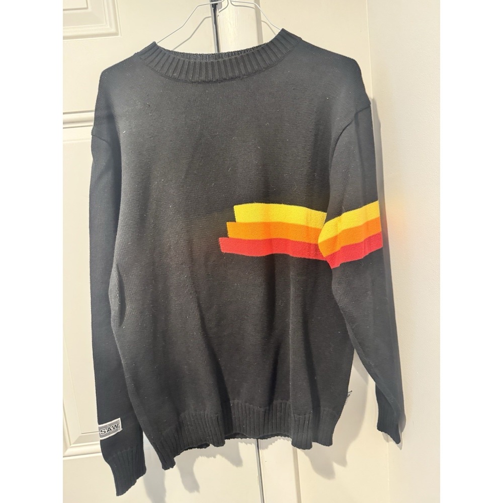 Vintage Split 500 Men's Black Sweater Retro Stripe Red Orange Yellow L 80s Surf